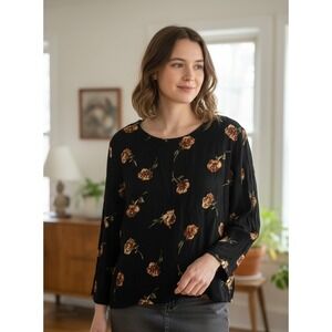 Vintage Krush Of‎ California Blouse Top Womens Medium Black Floral Back Keyhole